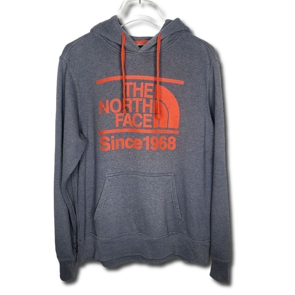 The North Face Mens Gray Orange Graphic Hoodie Since 1968 Pullover Sweatshirt M